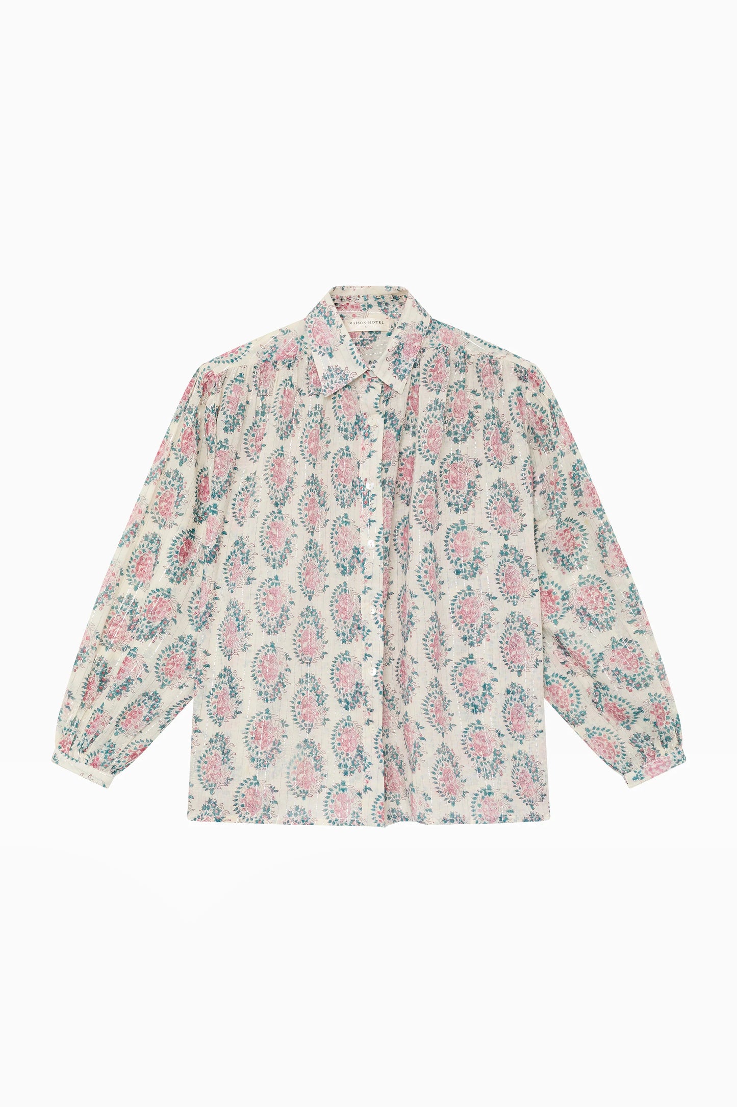 Flat lay of the Azalea Mary blouse in dusty cream featuring long sleeves, button-down front, and pink and blue floral paisley print.