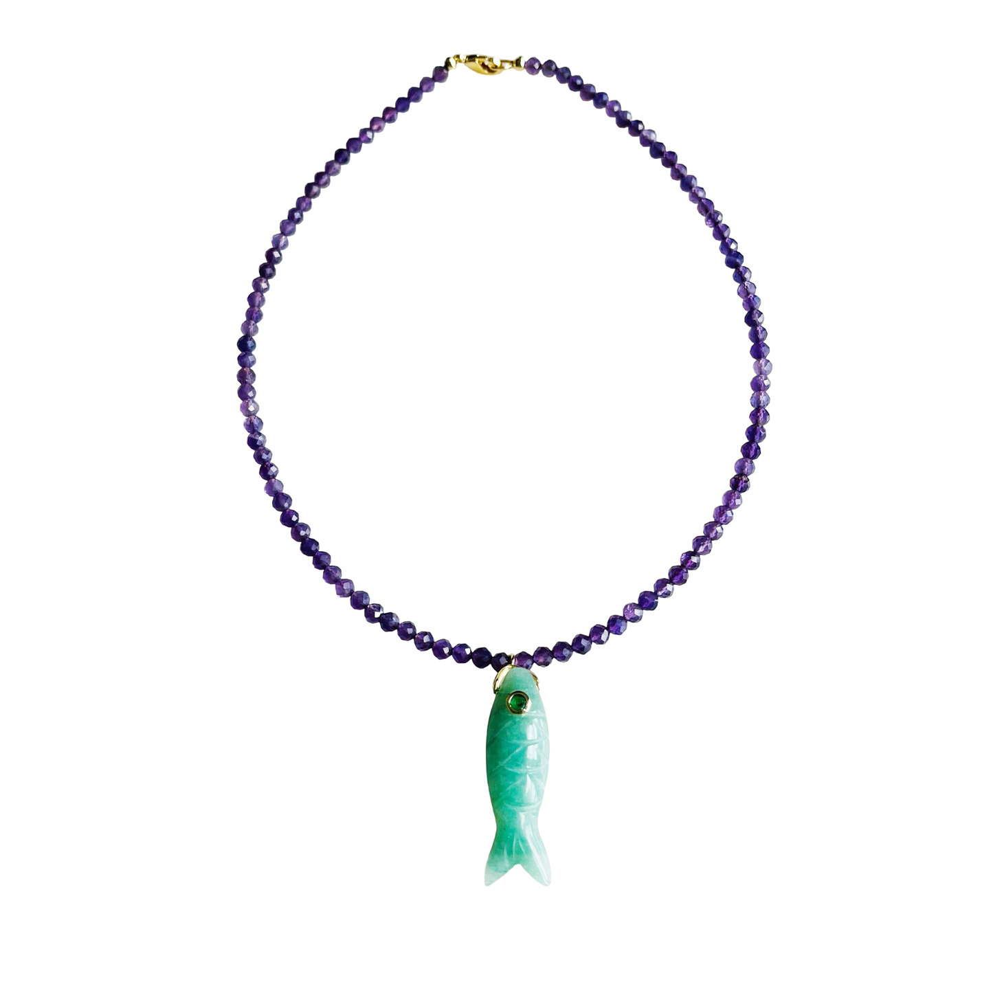 Purple amethyst jade beaded necklace with a carved green aventurine fish pendant, gemstone eye detail, and gold-plated clasp.