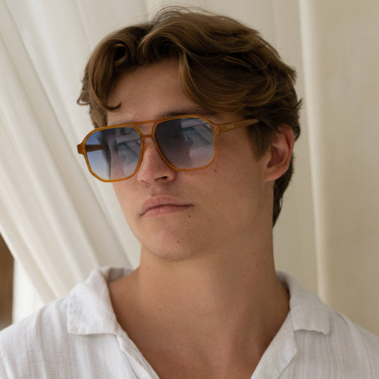 Model wearing Billie Mens Aviator Sunglasses with light brown aviator frames and tinted lenses.