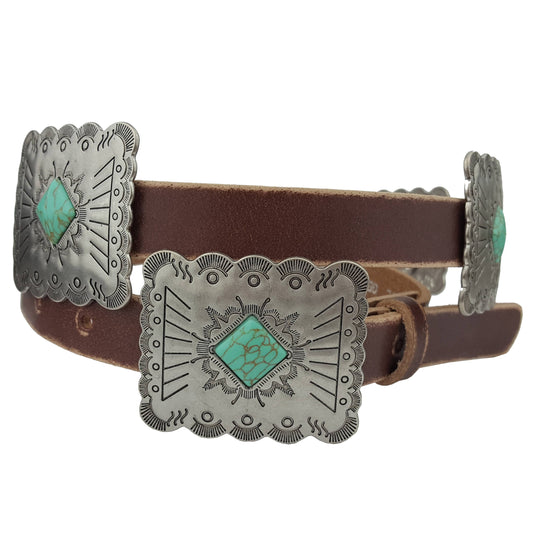 Brown distressed leather belt with engraved rectangular silver conchos and turquoise-inspired stone accents on a clean background