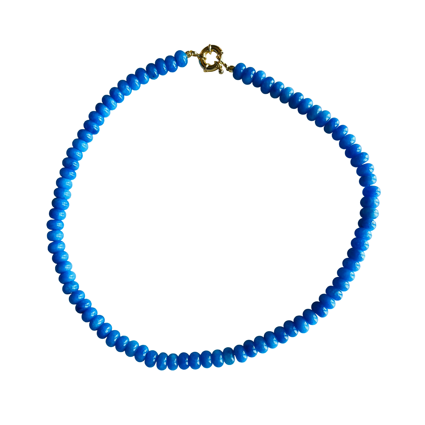 Bright blue gemstone bead necklace with an 18kt gold-plated clasp, handmade in Charleston, South Carolina.