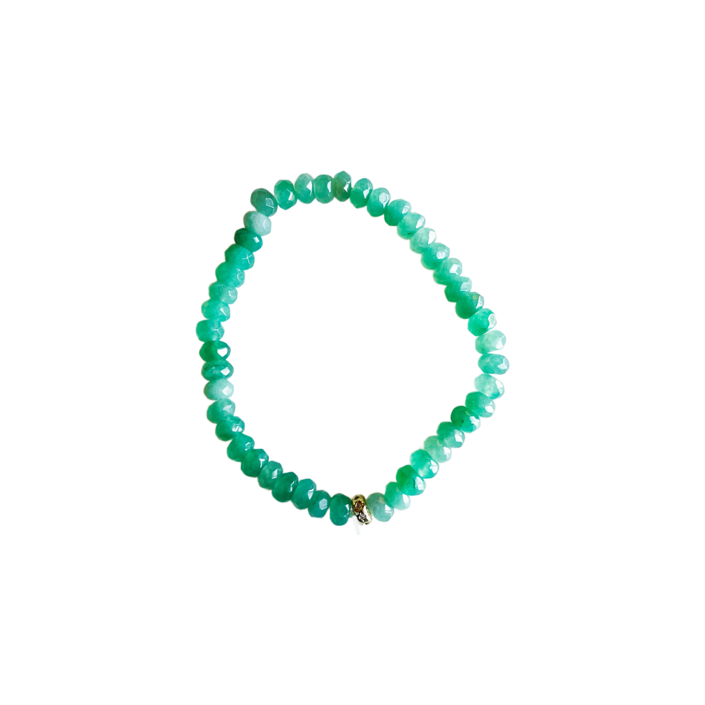 Green ocean jade beaded stretch bracelet with a pavé spacer bead on a white background.