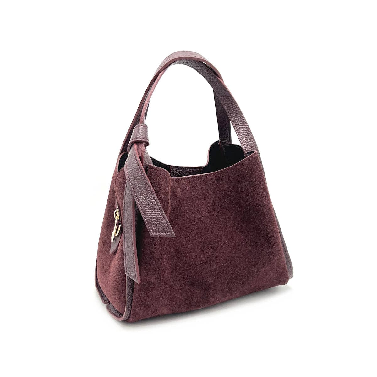 Claire Bordeaux suede handbag with genuine leather trim, dual top handles, and a detachable shoulder strap.