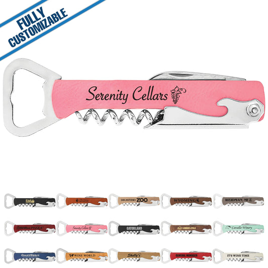 Fully customizable engraved leatherette bottle and wine opener shown in multiple color options with sample logo and text designs.