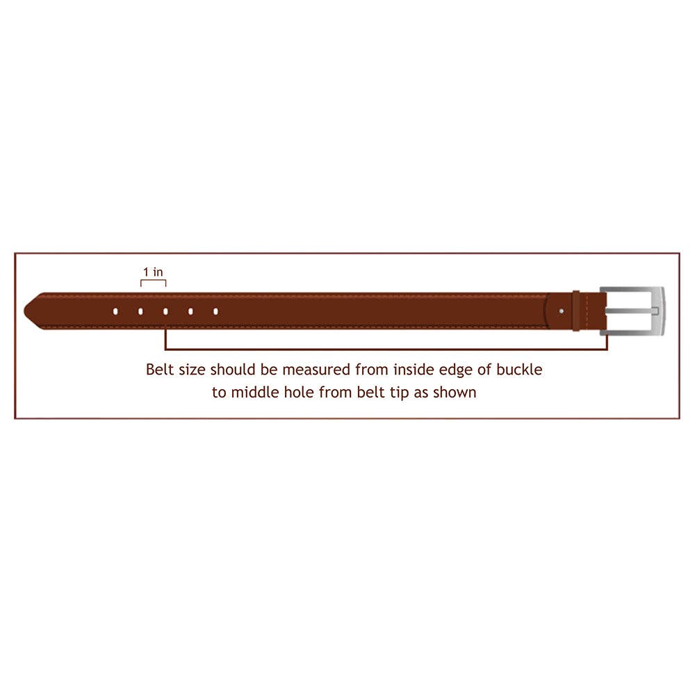 Western leather belt size guide showing how belt measurements are taken from the buckle fold to the center hole.