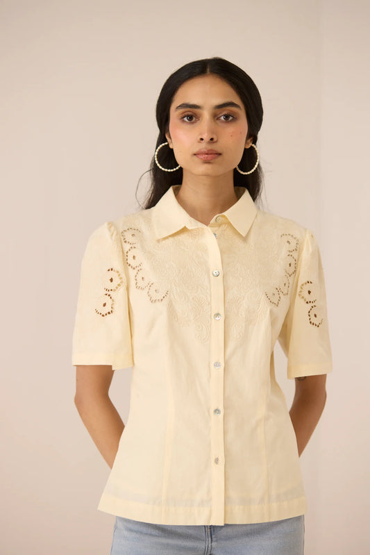 Close front view of the Hartley Shirt showing the classic collar, button placket, and embroidered yoke detail.