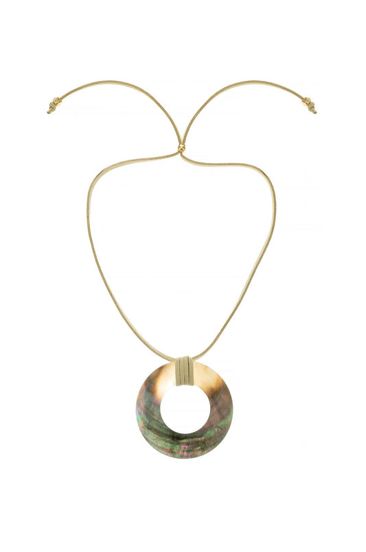 Iridescent shell circle pendant adjustable necklace shown against a white background