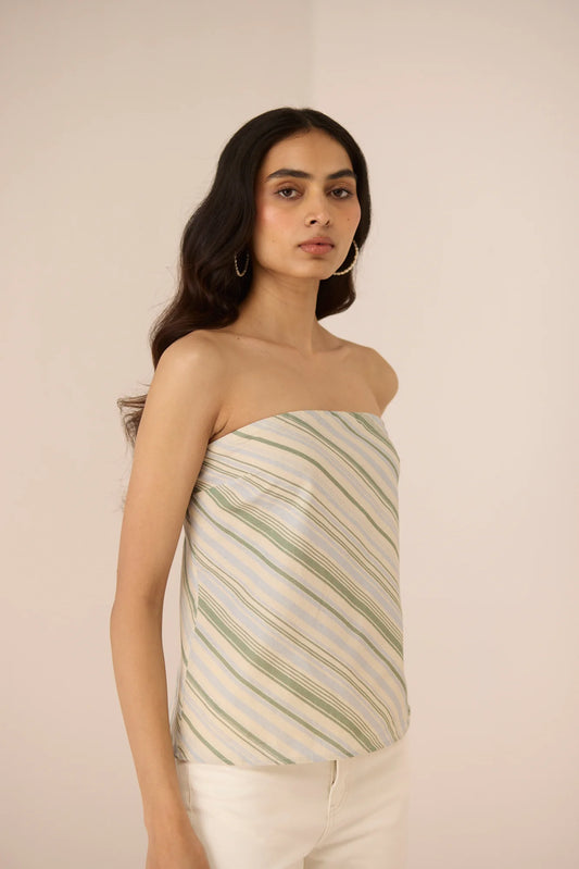 Side view of the Josie Diagonal Stripe Tube Top showing the strapless silhouette, fitted bodice, and subtle A-line shape.