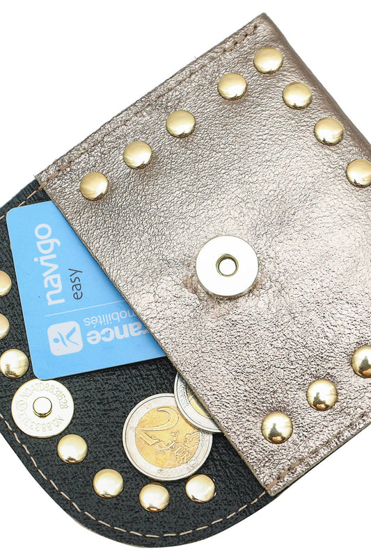 Open LEINA pewter metallic leather wallet displaying its interior compartments, cards, and snap closure.