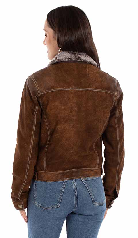Back view of the Ladies Jean Jacket in distressed brown suede with a plush faux fur collar, contrast stitching, and a classic fitted silhouette.