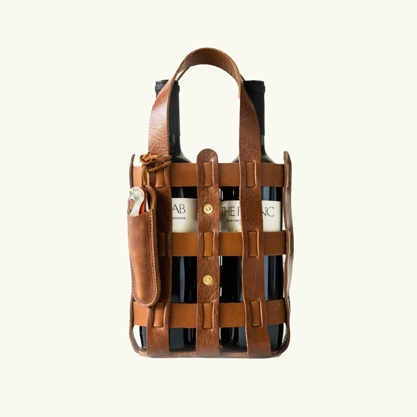 Front product view of the woven full-grain leather wine tote with handles and attached wine key pouch for carrying two bottles.