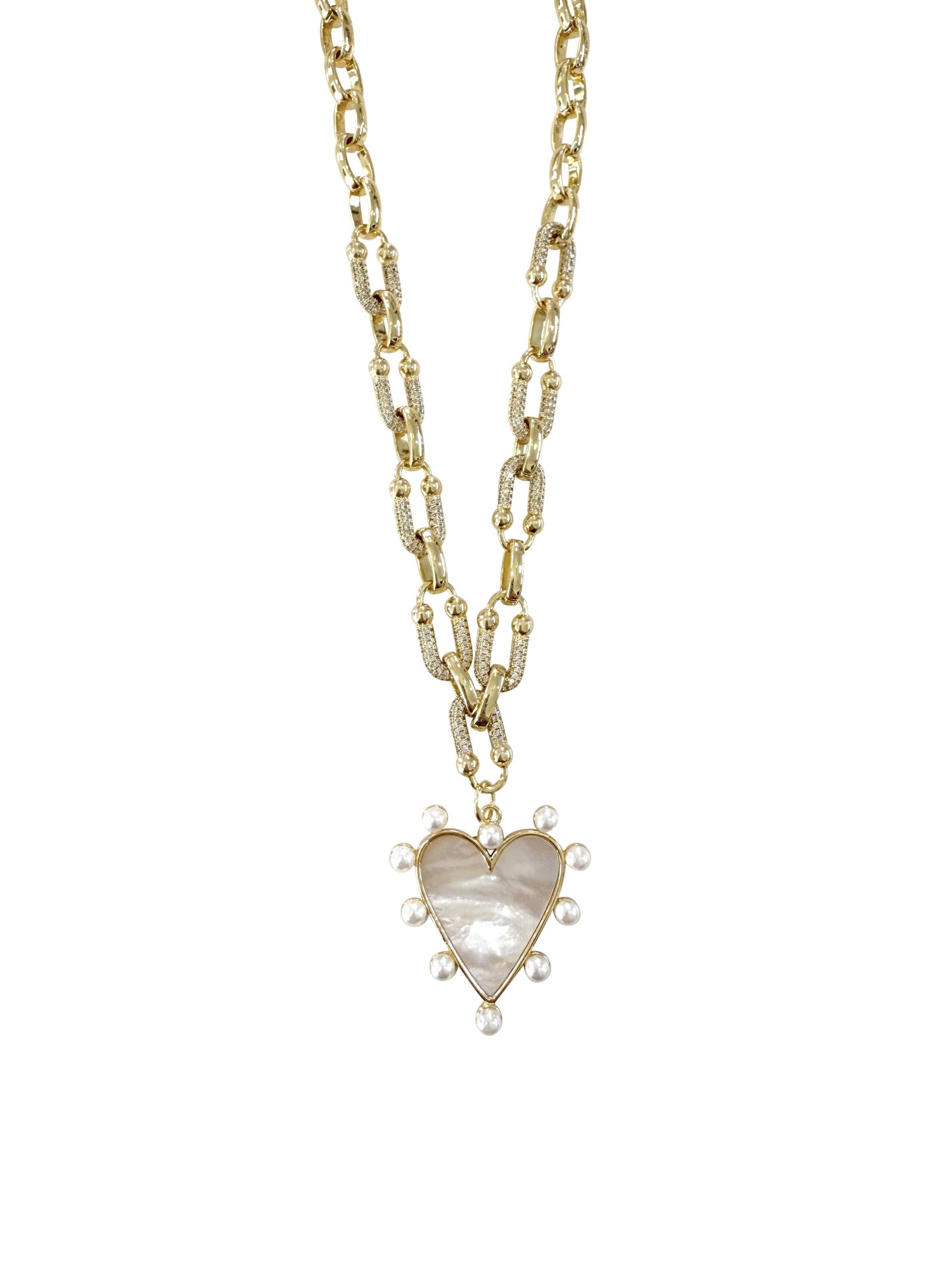 Gold link necklace with CZ accents and a pearl heart charm on a white background.