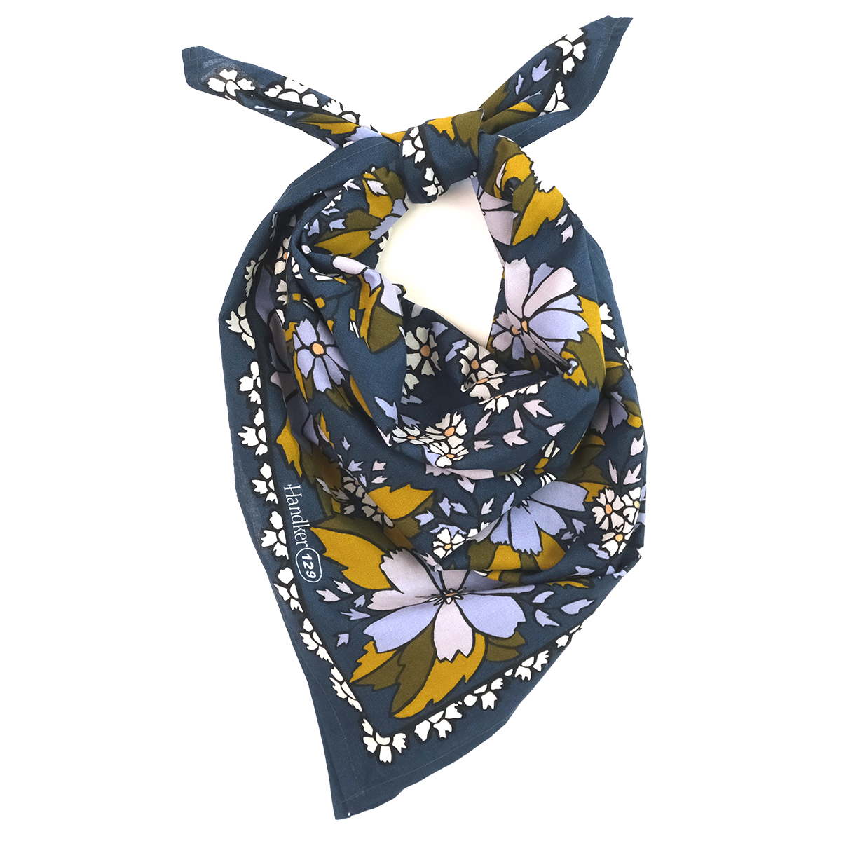 No. 129 Chicory Bandana folded and tied to show its dark blue floral print and patterned border.