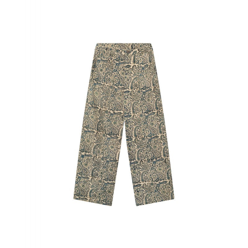 Pacific Cashmere Pepo wide-leg pants in dark paisley print featuring a high-waisted elastic waistband, relaxed flowy silhouette, and lightweight cotton canvas fabric in khaki, beige, and blue tones.