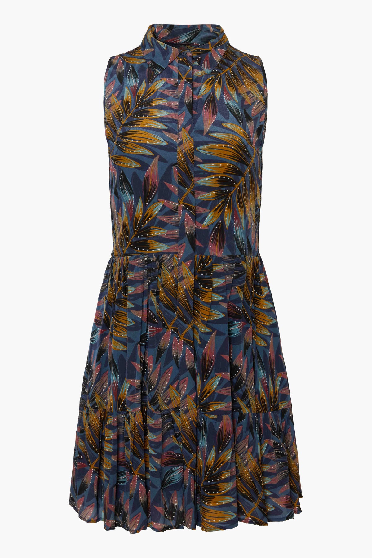 Flat lay of the Prue Dress in Midnight Palm with a sleeveless shirt dress silhouette, button-front placket, and botanical palm print.