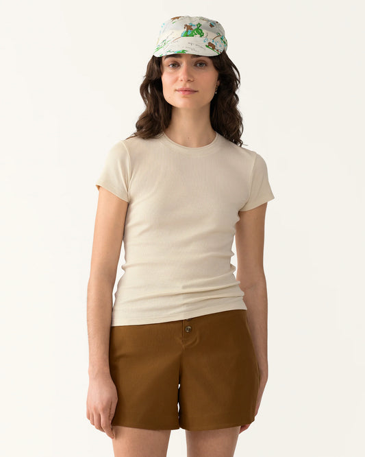 Model wearing Ribbed Merino T-Shirt styled with outdoor shorts and hiking shoes