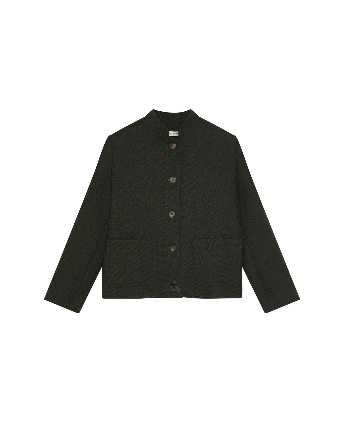 Maison Hotel Salao Jacket in Moss featuring a collarless neckline, button front, long sleeves, and patch pockets.