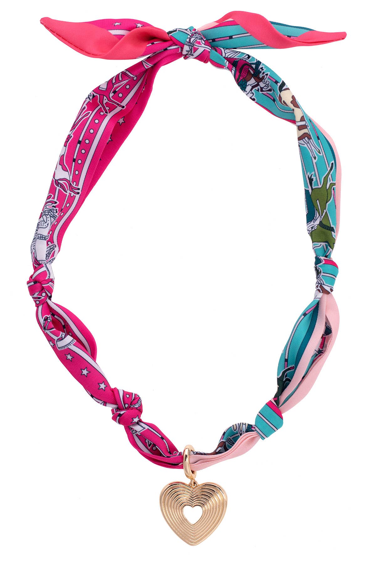 Sophia Glowing Heart Scarf Necklace in fuchsia and turquoise featuring a colorful patterned scarf necklace with a gold-tone heart pendant.