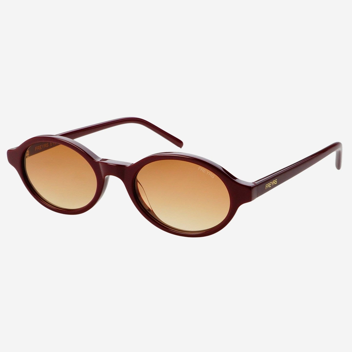 Zoe acetate round women's sunglasses featuring handmade burgundy acetate frames and warm brown CR39 lenses, shown in an angled product view.