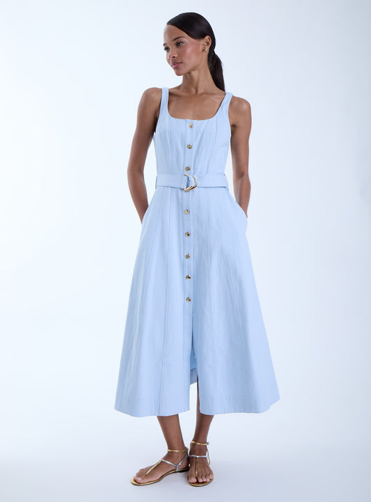 Front view of the Zyra Denim Midi Dress in sky blue featuring a square neckline, sleeveless silhouette, button-front design, belted waist, and softly flared midi skirt.