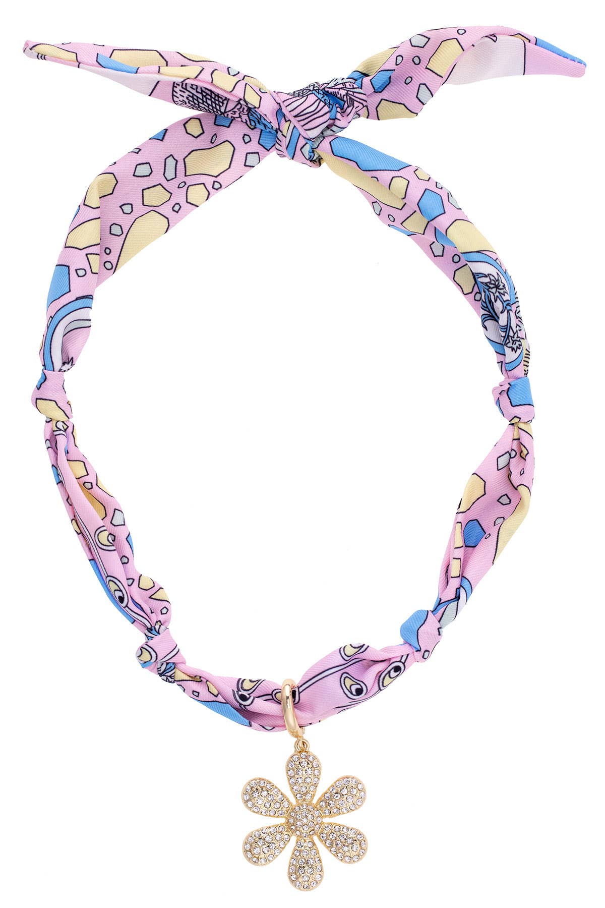 Scarlett Pavé Daisy Scarf Necklace featuring a light pink and light blue printed scarf with a gold-tone pavé daisy charm.