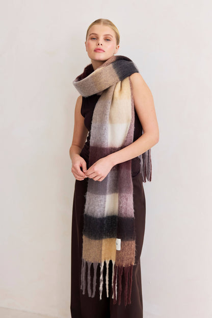 The Reykjavik Scarf - 100% Recycled - Black Check Purple/Brown - FW25