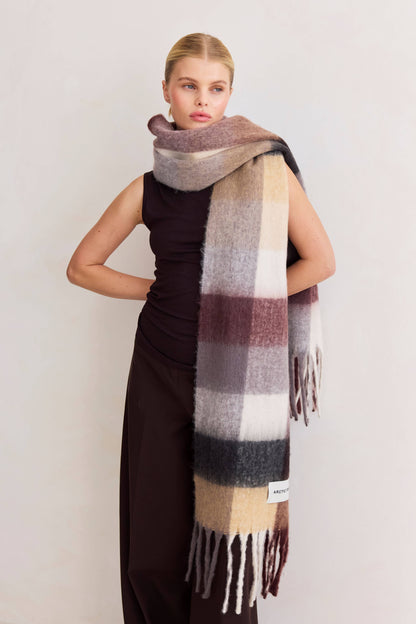 The Reykjavik Scarf - 100% Recycled - Black Check Purple/Brown - FW25