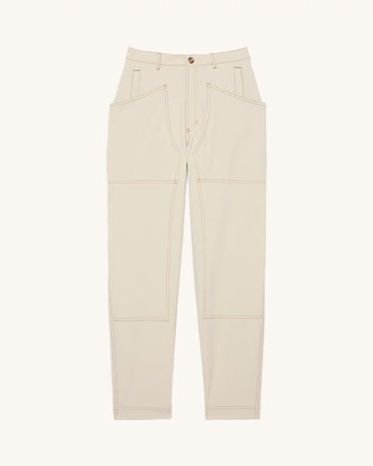 Front view of 8 Pocket Pants in Dolomite with high-rise fit and structured seams