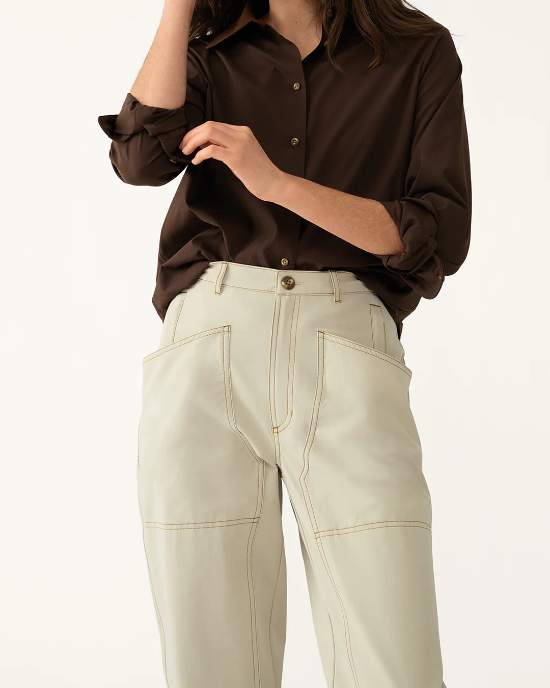 Close-up of 8 Pocket Pants in Dolomite highlighting deep front pockets and stitching details