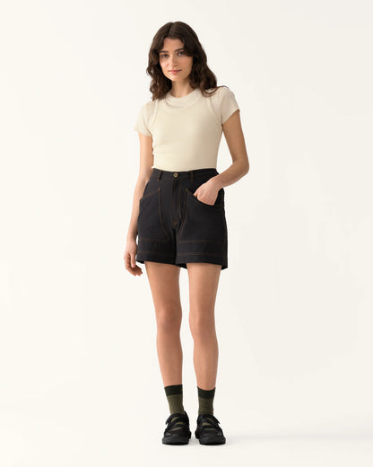 Model wearing 8 Pocket Shorts in Basalt with high-rise fit and relaxed silhouette
