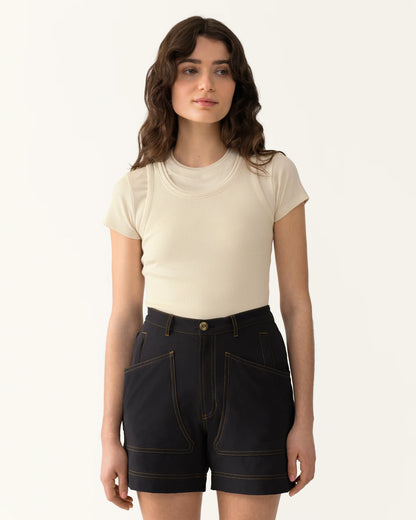Close-up of 8 Pocket Shorts in Basalt showing button closure, belt loops, and front pocket design