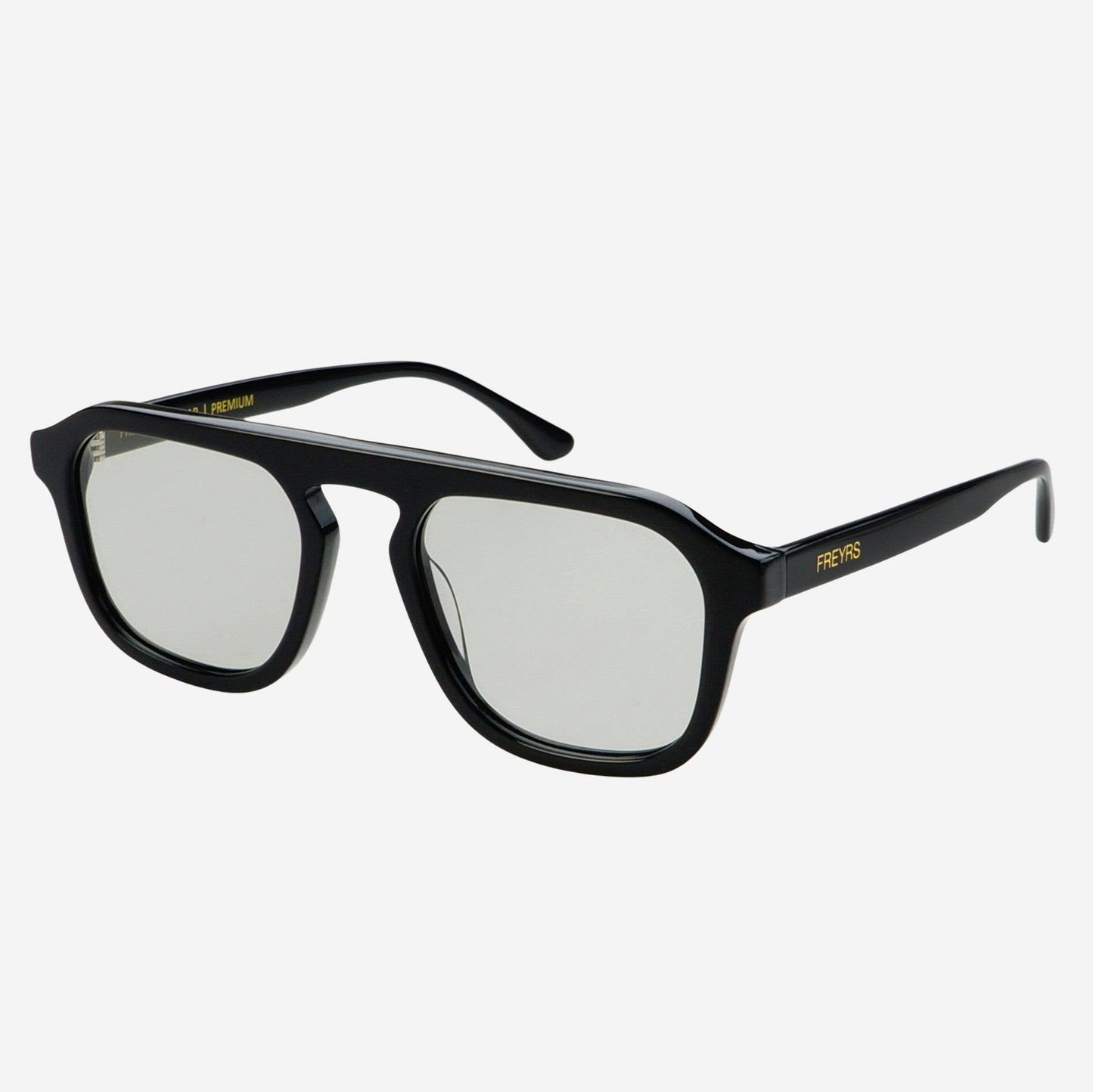 Angled product view of Addison acetate unisex aviator sunglasses featuring a black frame and cloud gray lenses.