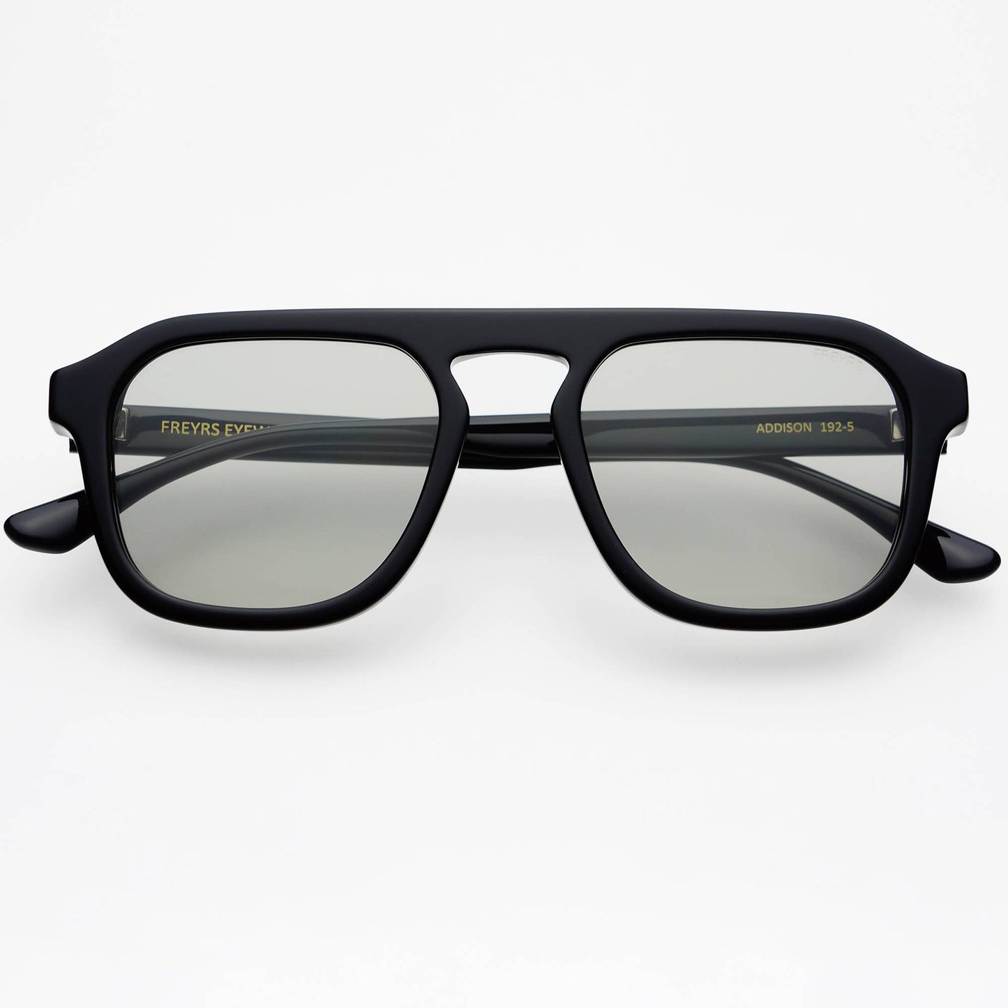 Front view of Addison acetate unisex aviator sunglasses featuring a black frame and cloud gray lenses.