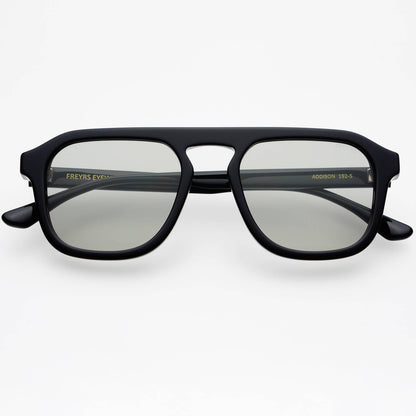 Front view of Addison acetate unisex aviator sunglasses featuring a black frame and cloud gray lenses.