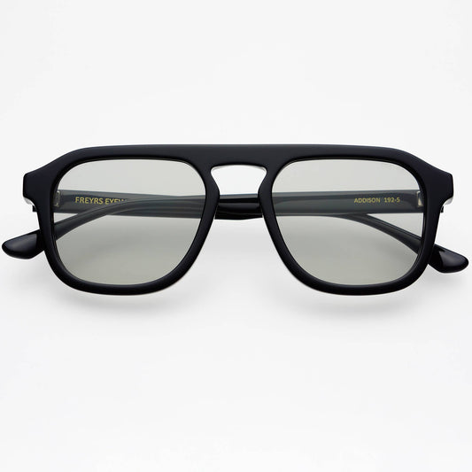 Front view of Addison acetate unisex aviator sunglasses featuring a black frame and cloud gray lenses.