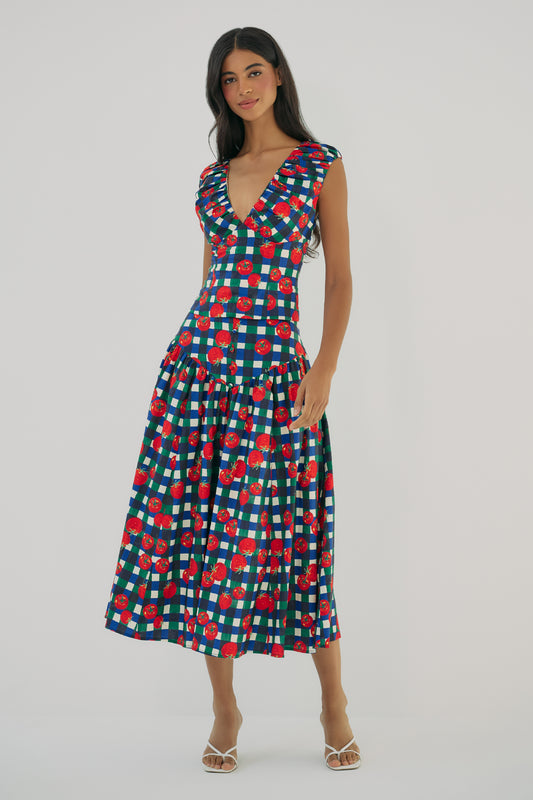 Model wearing Aiko V-neck top in gingham tomato print with fitted silhouette and deep neckline front view