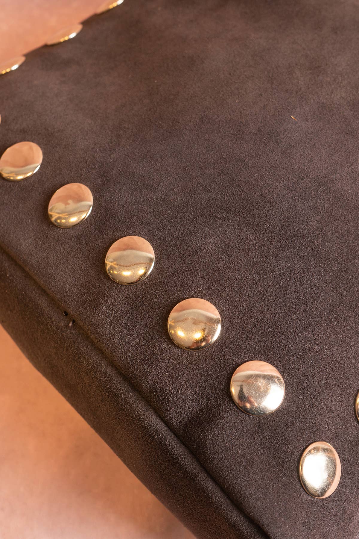 Close-up of polished gold studs along the chocolate brown suede Alexane Bag.