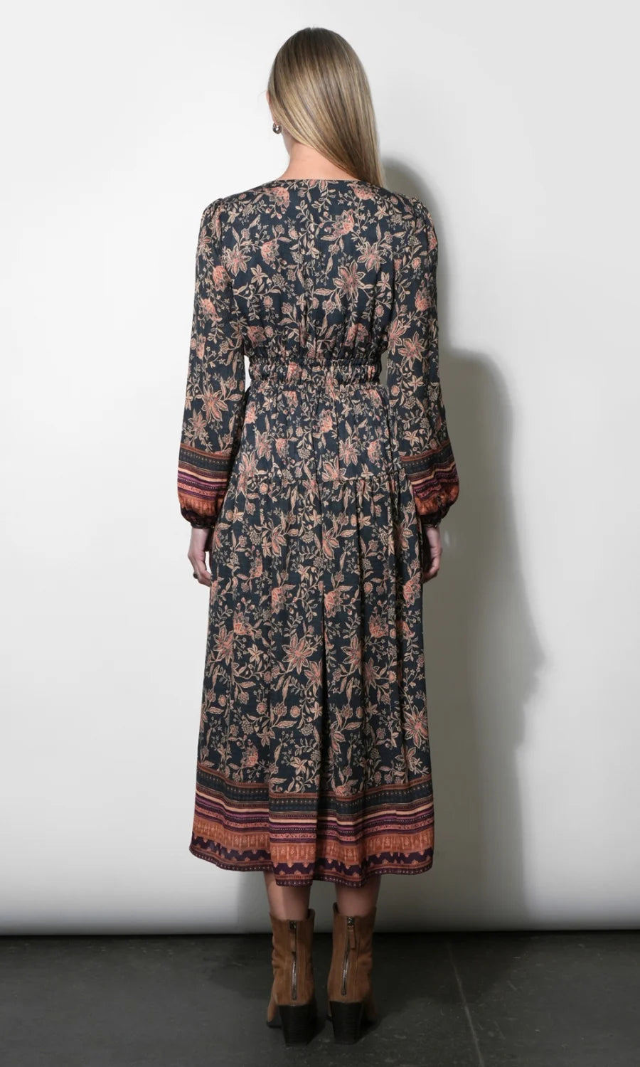 Back view of the Amber Boho Bordered Midi Dress in Navy showing the floral print, tiered skirt, and border hem.