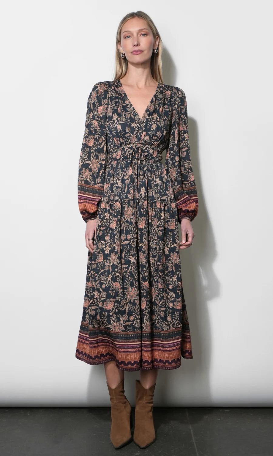 Front view of the Amber Boho Bordered Midi Dress in Navy featuring a V-neckline, drawstring waist, and tiered midi skirt.