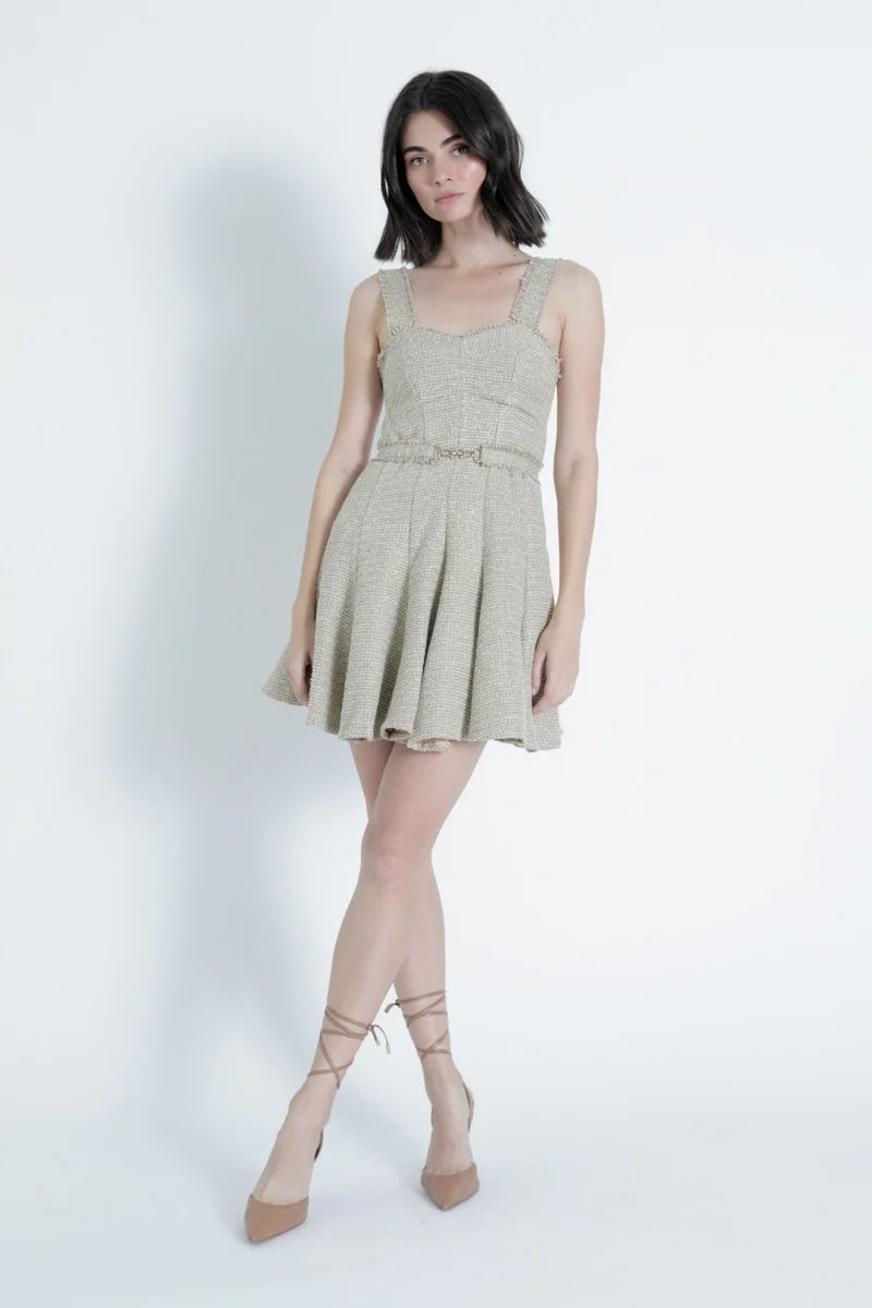 Front view of the Karina Grimaldi Amelia Tweed Mini Dress in gold tweed with frayed trim and a flared mini skirt.