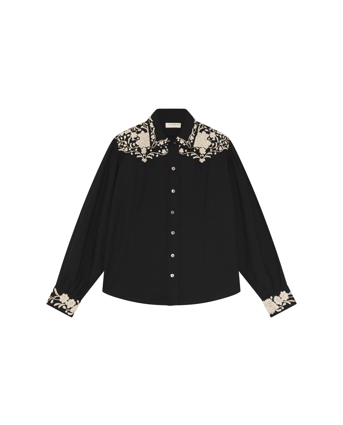 Maison Hotel Antonio Shirt in black with contrast floral embroidery at the collar and cuffs, front view.