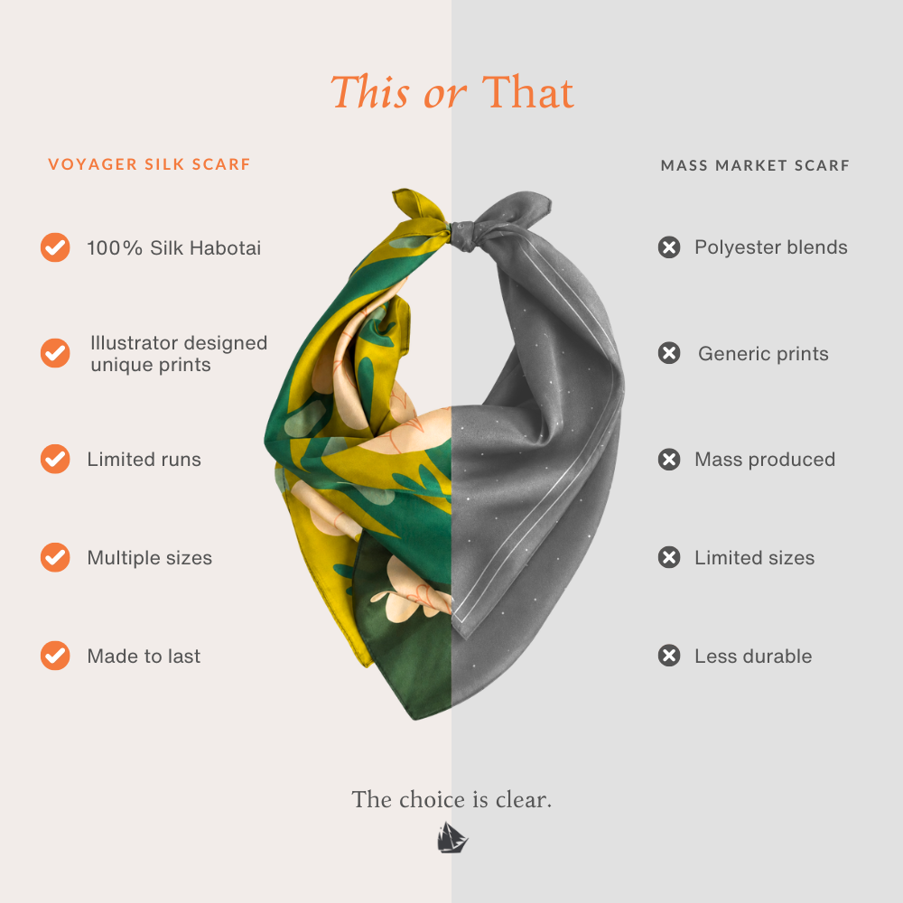 This or That comparison graphic for the April Showers silk scarf, featuring product highlights and styling details.