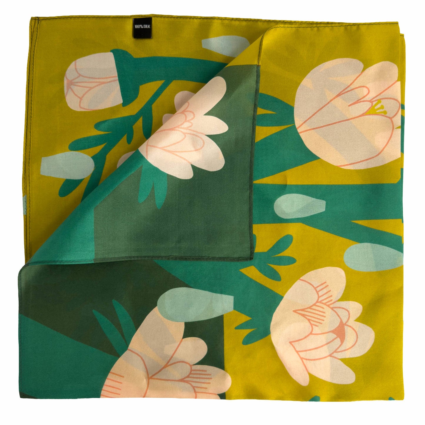 Folded April Showers silk scarf showing the lightweight drape, floral artwork, and earthy green color palette.