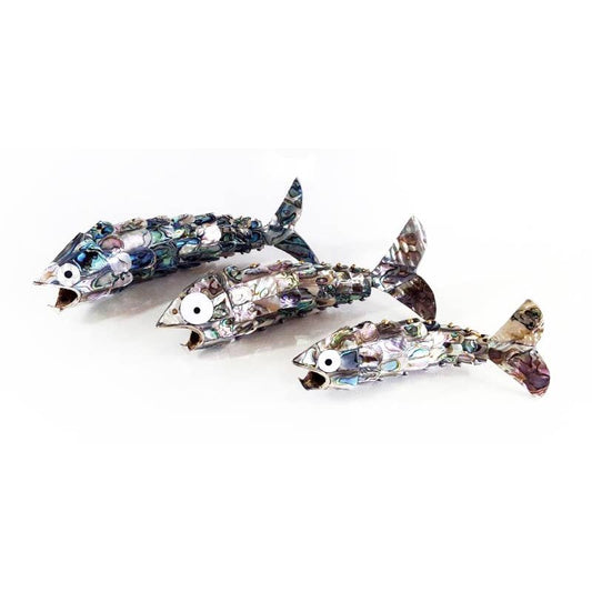 Three handcrafted articulated fish-shaped bottle openers featuring genuine Blue Pacific abalone shell inlay, displayed in assorted sizes with iridescent natural coloring and flexible segmented bodies.