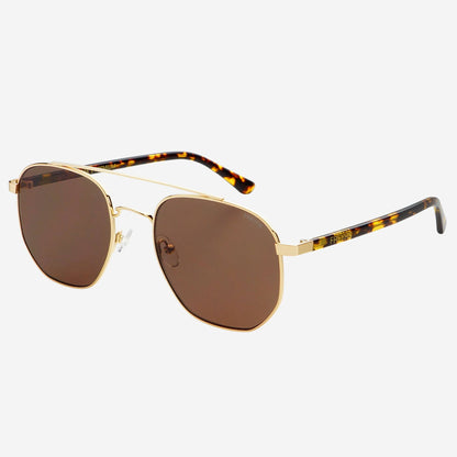 Austin Unisex Sunglasses in gold with brown lenses, shown at an angled side view with tortoise acetate arms.