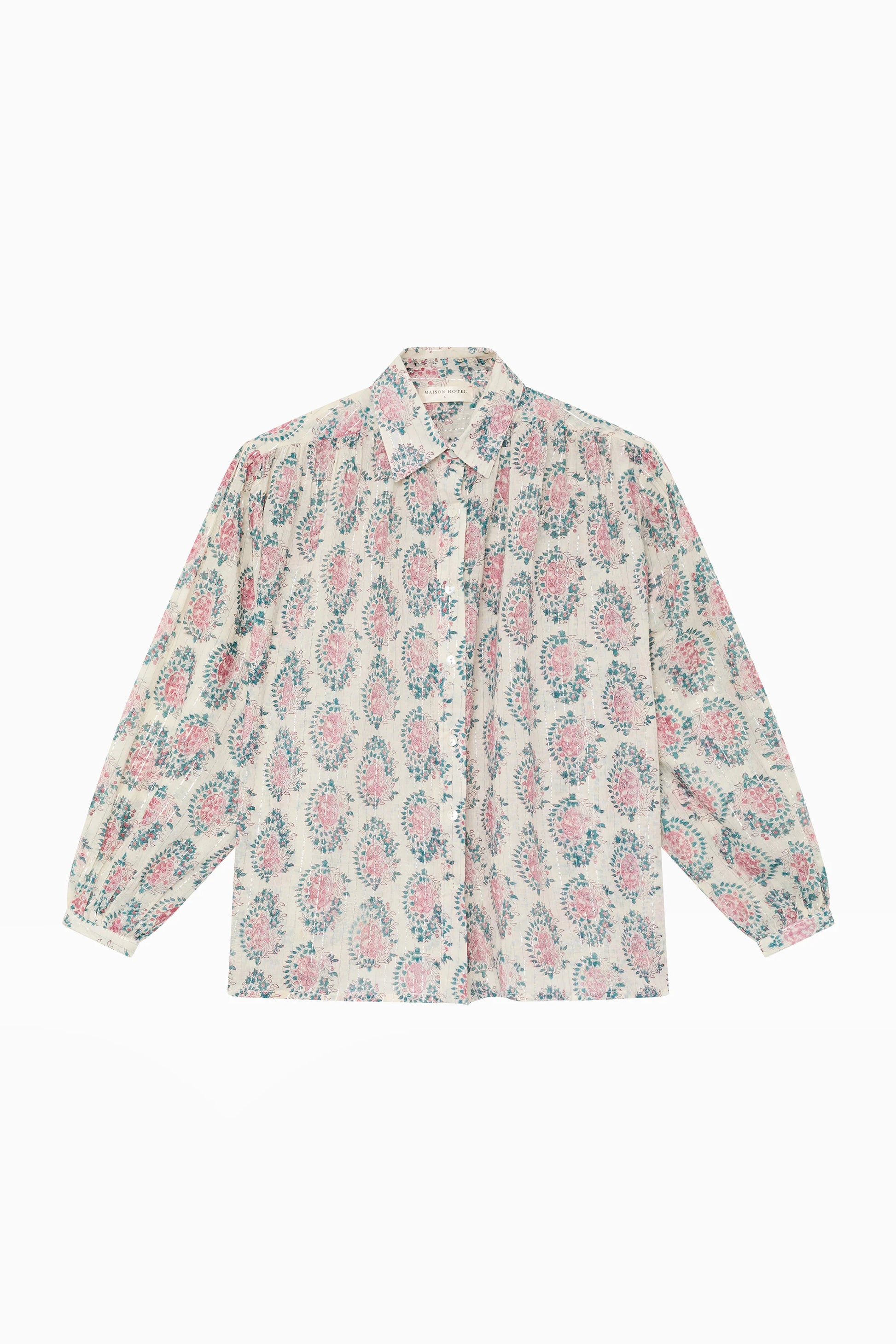 Flat lay of the Azalea Mary blouse in dusty cream featuring long sleeves, button-down front, and pink and blue floral paisley print.