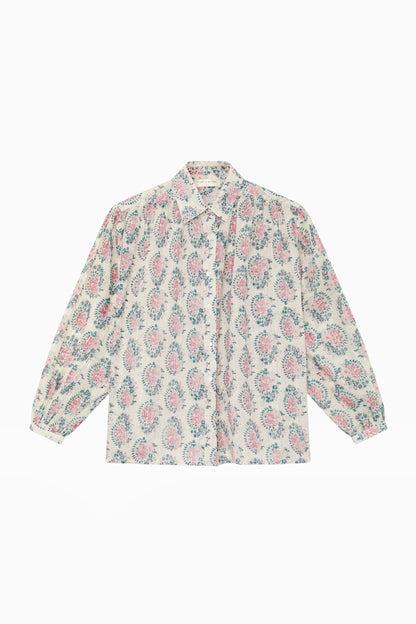 Flat lay of the Azalea Mary blouse in dusty cream featuring long sleeves, button-down front, and pink and blue floral paisley print.