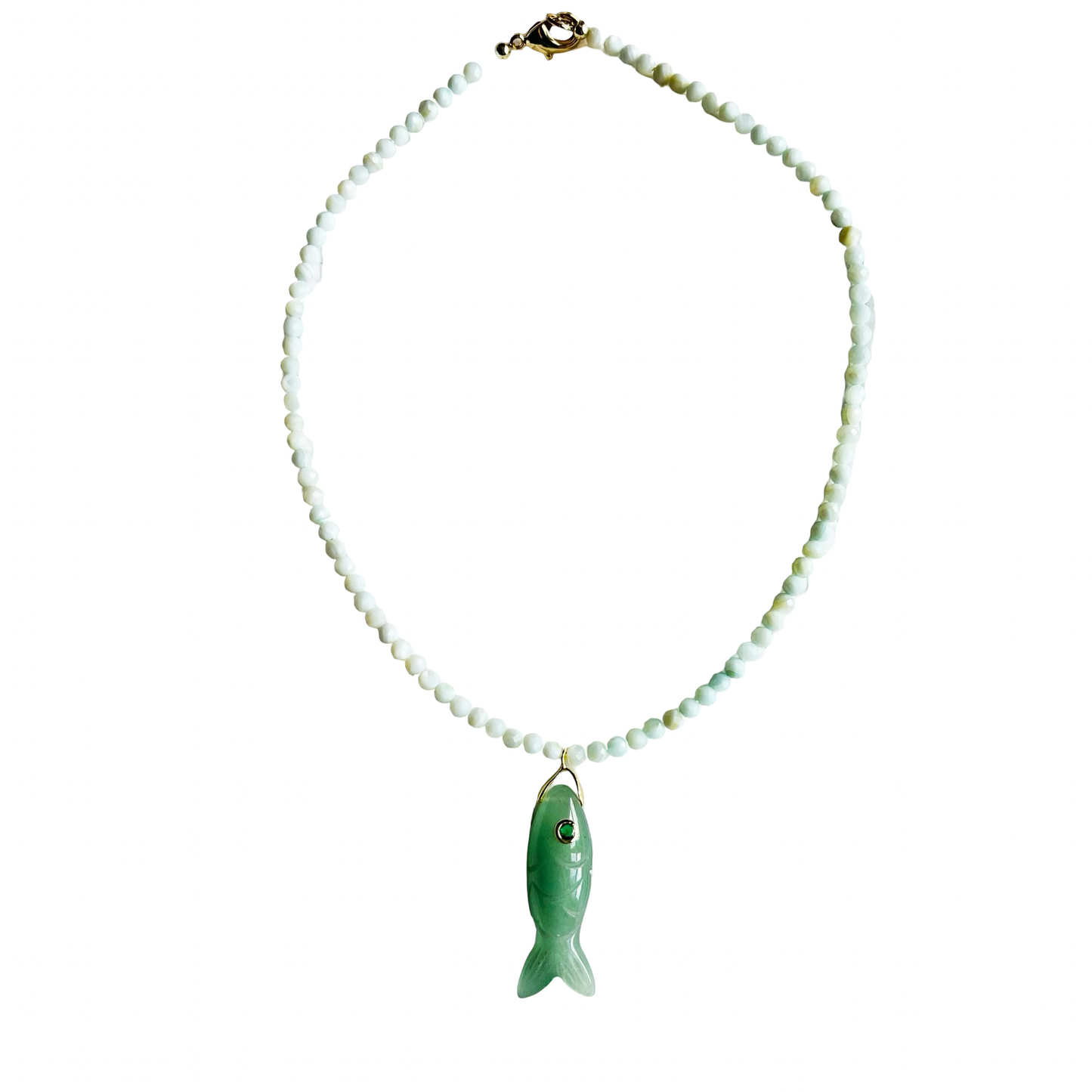 Mint jade beaded necklace with a carved green aventurine fish pendant, gemstone eye detail, and gold-plated hardware.