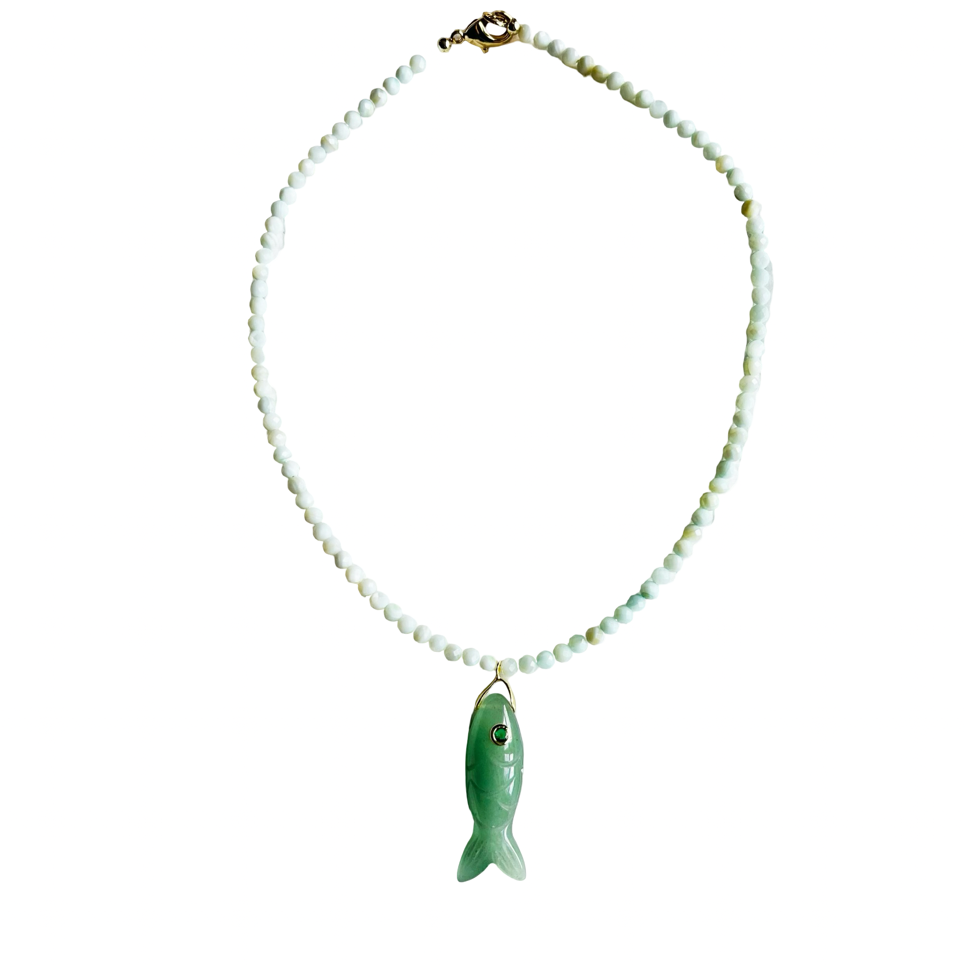 Mint jade beaded necklace with a carved green aventurine fish pendant, gemstone eye detail, and gold-plated hardware.