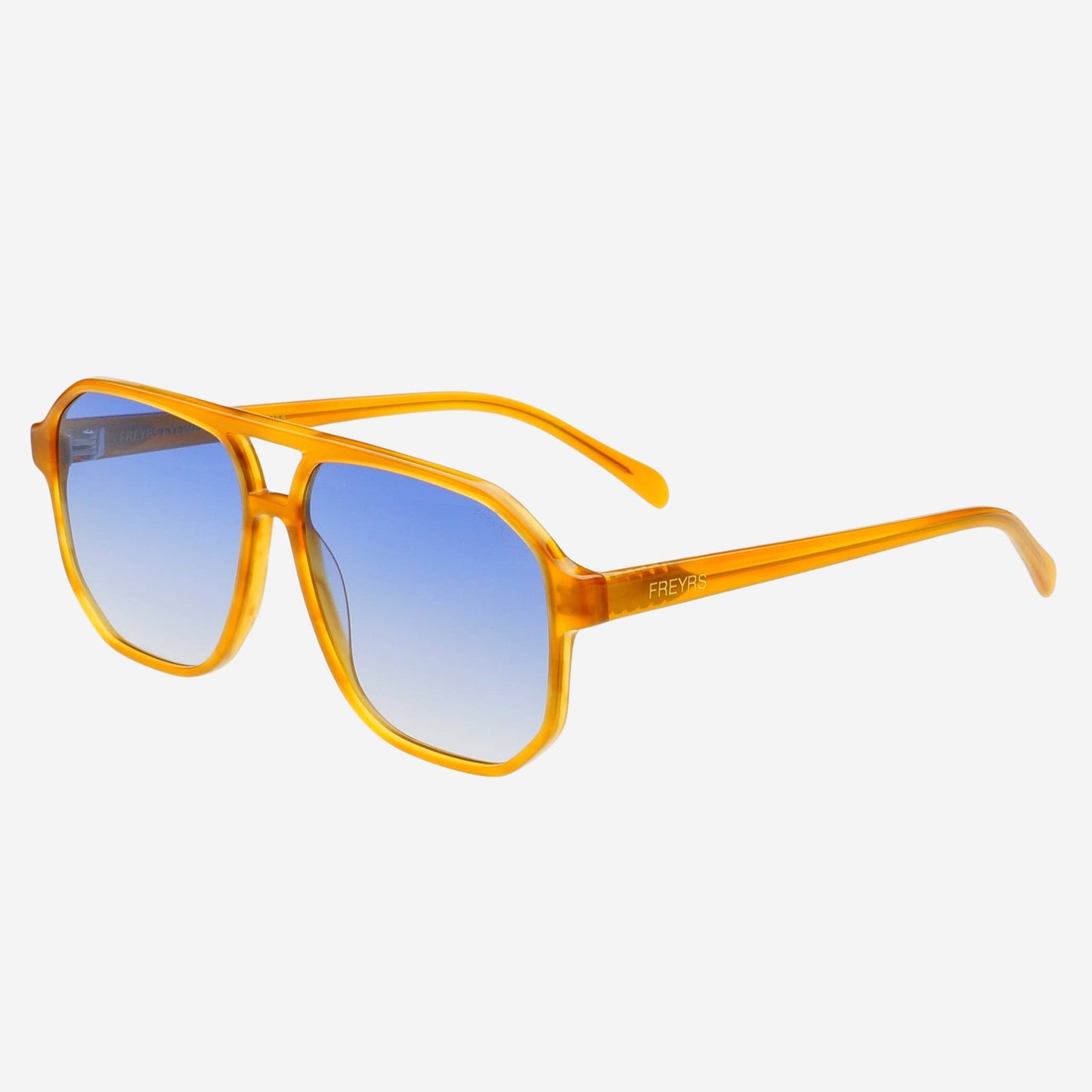 Angled view of Billie Mens Aviator Sunglasses with light brown acetate frames and blue-toned lenses.